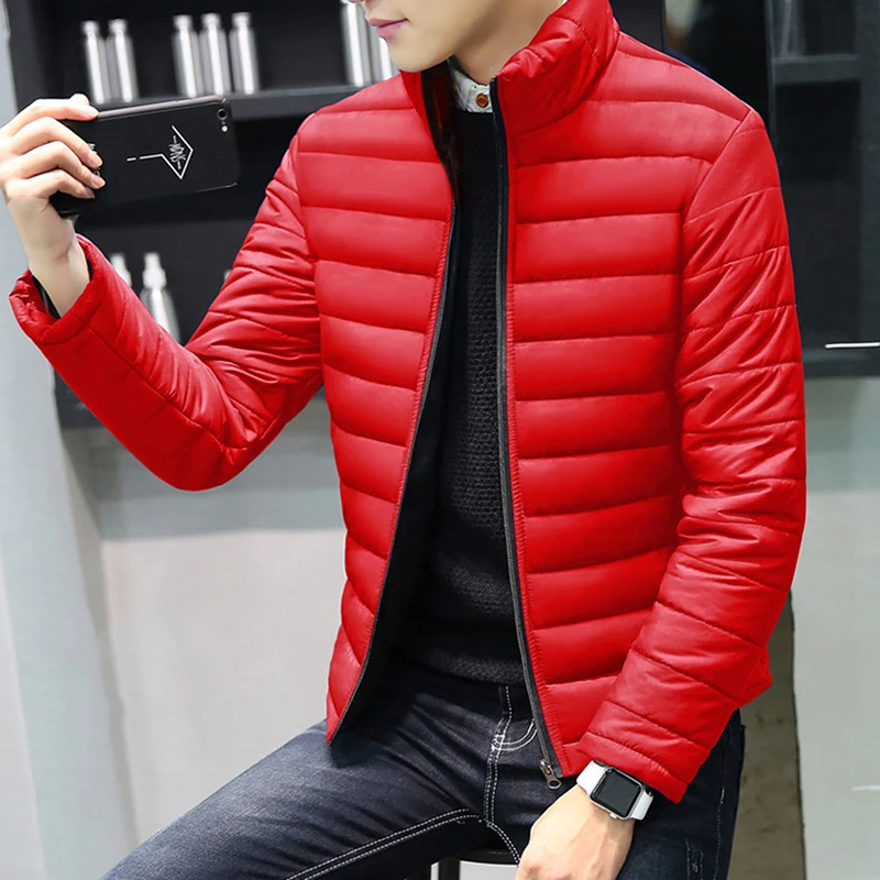 Мужская куртка, пальто размера плюс, осенняя Зимняя парка, мужская верхняя одежда, повседневная приталенная парка на молнии с воротником-стойкой, Толстая куртка с хлопковой подкладкой - Цвет: Красный