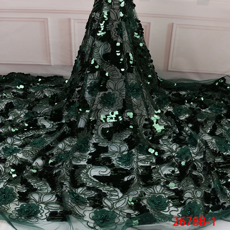 

2019 Nigerian Tulle Lace Fabric Lace Fabric Sequin Wedding 5 Yards African Lace Fabric Green QF2678B-1