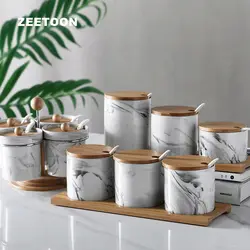 Мрамор текстура керамика приправа Jar с ложкой крышкой дерево база комплект/контейнер масло солевые специи хранения банки кухонные