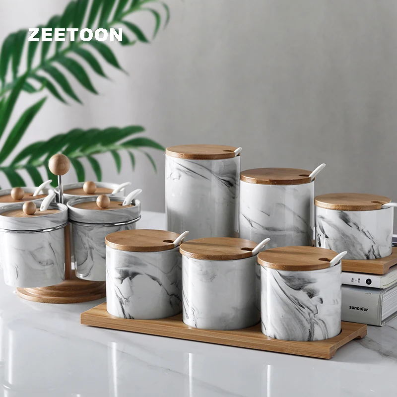 

Marble Texture Ceramic Seasoning Jar with Spoon Lid Wood Base Kit / Container Oil Salt Spices Storage Cans Kitchen Accessories