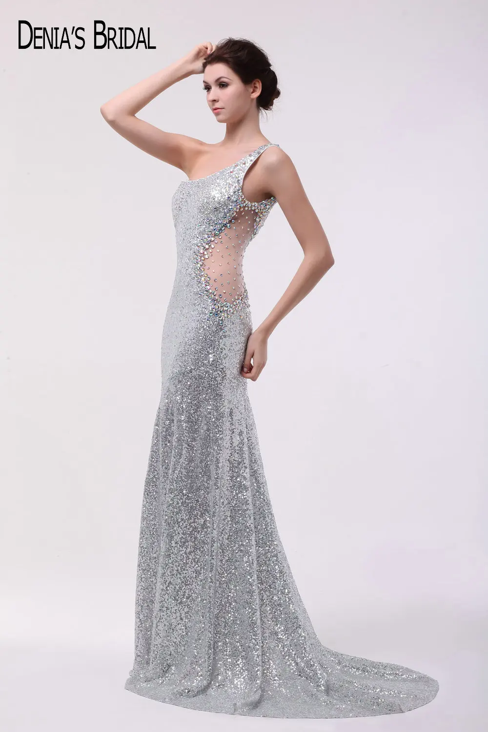 2017 Prata Sereia Vestidos de Noite Bling Bling Frisada Trem Da Varredura de Um Ombro Vestidos de Noite Custom Made