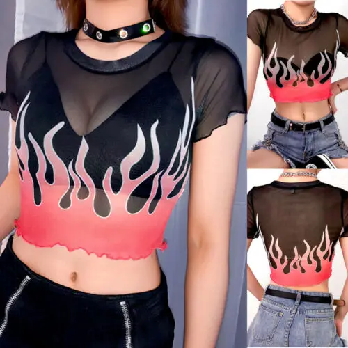 

Women Sheer Mesh Short Fashion Casual Shirts Sleeve Crop Tops Fire Print Ladies Round Neck See-Through Shirt
