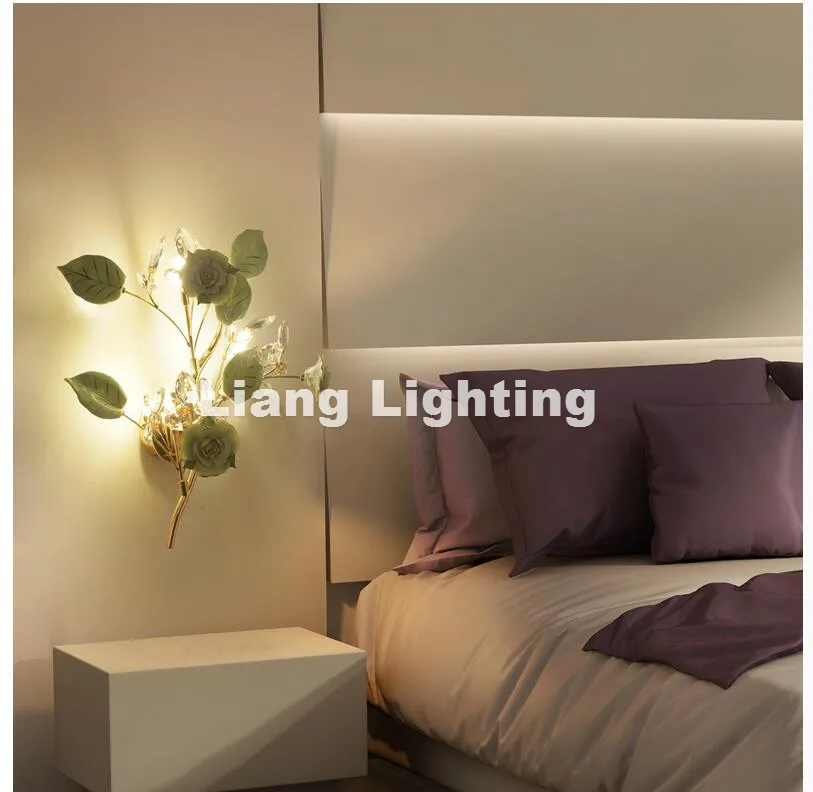

European Home Decoration Style 3L Crystal Wall Lamp L45cm Ceramic Rose Crystal Candle Wall Lamp Bedroom Light Free Shipping