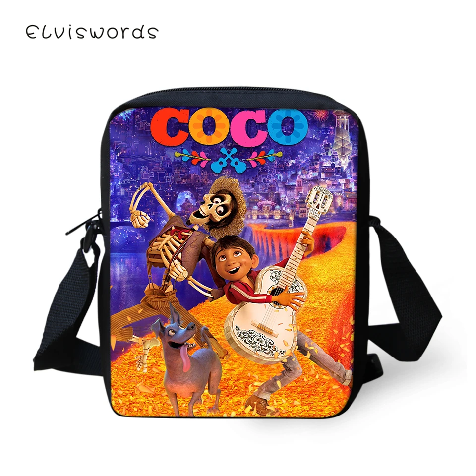 

ELVISWORDS Women Messenger Bags COCO Guitar Skull Pattern Shoulder Bags Kawaii Design Girls Flaps Handbags Kids Mini Mochila