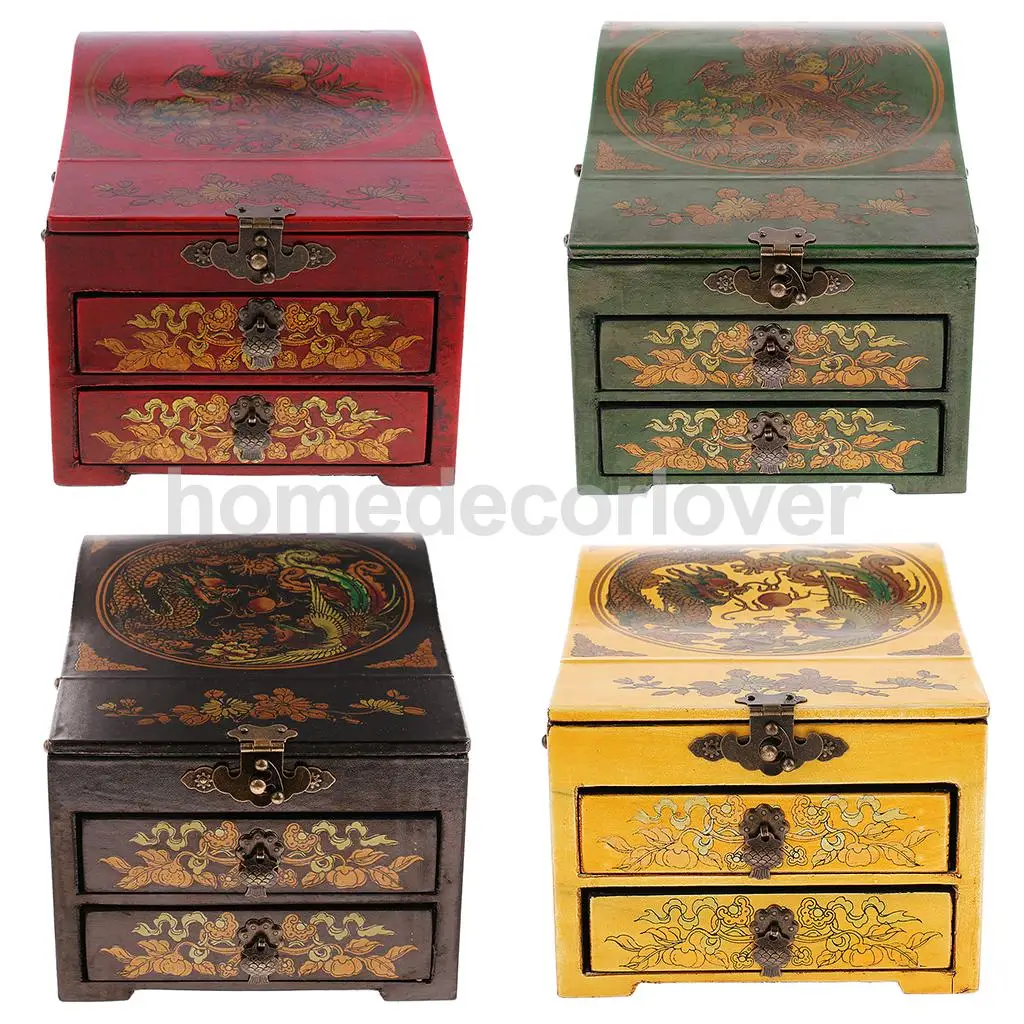 Vintage Wooden Dresser 2 Drawer 1 Mirror for Jewelry Storage Case Box Yellow