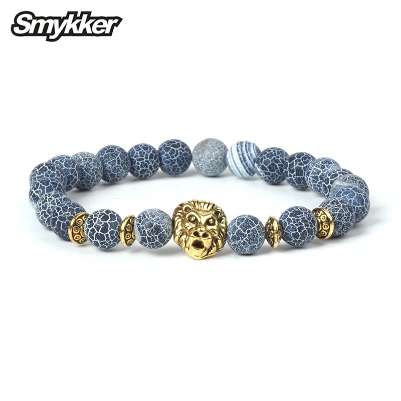 

Cracked Weathered Agate Stone Bead Bracelet Leopard Lion Owl Head 8mm Bead Spider Web Thunder Pattern Bracelet for Buddha Prayer