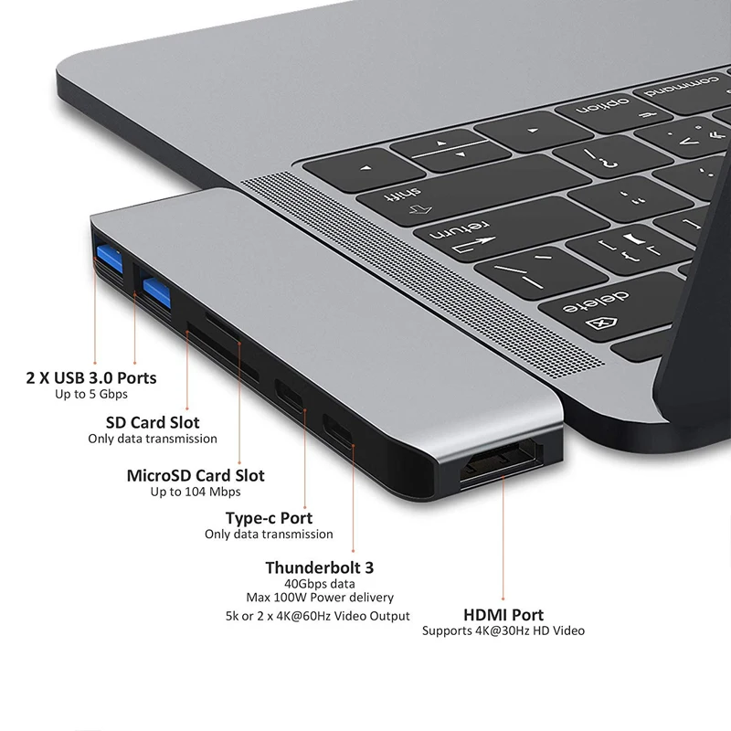 7 in 1 USB 3.1 Dual Type-C To USB3.0 HUB+ SD / TF Card Reader+ USB-C Data+ USB-C Thunderbolt 3+ HDMI 4K for MacBook 3D25