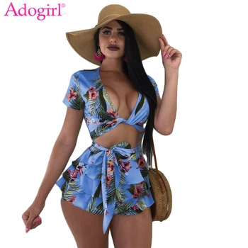 

Adogirl Tropical Floral Print Summer 2 Piece Set Women Sexy Deep V Neck Tie Front Short Sleeve Crop Top Ruffles Shorts Beachwear