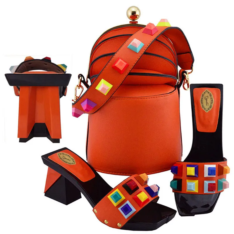 Лидер продаж; комплект из элегантных модных туфель и сумочки в итальянском стиле; комплект из итальянских туфель с заклепками и сумочки высокого качества; MD011 - Цвет: Оранжевый