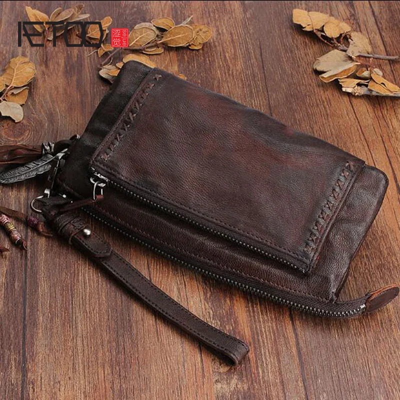 AETOO Original design handmade leather long ladies leather wallet first layer of sheepskin vintage large-volume folds Vintage