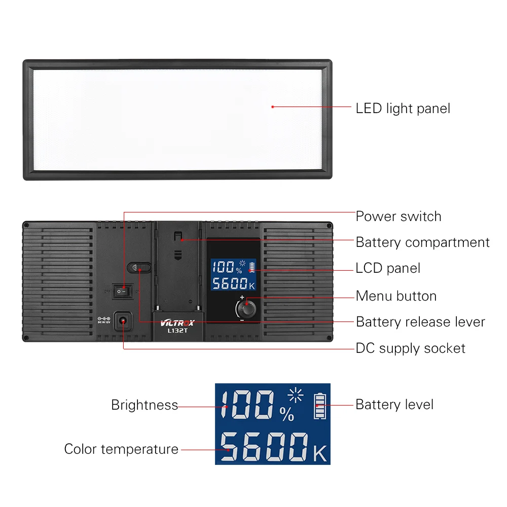 Профессиональный ультратонкий Светодиодный светильник Viltrox L132T 3300 K-5600 K с двухцветным затемнением и адаптером питания для видеокамеры DSLR