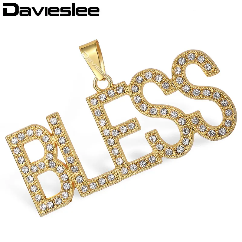 Подвесное ожерелье с надписью Davieslee BLESS, Мужская цепочка в Майями, покрытый стразами, золотистого цвета, ювелирное изделие DGP112_1