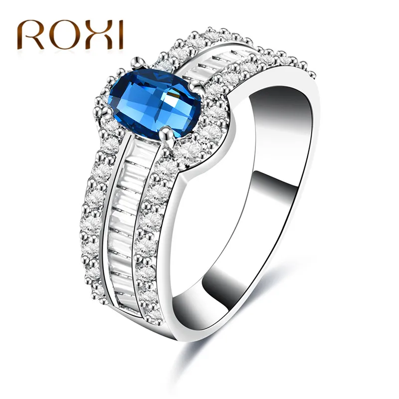 ROXI ROMAD Brand White Gold Color Two Rows Zircon Crystal Finger Ring For Women Big Blue Stone Wedding Jewelry Gift | Украшения и