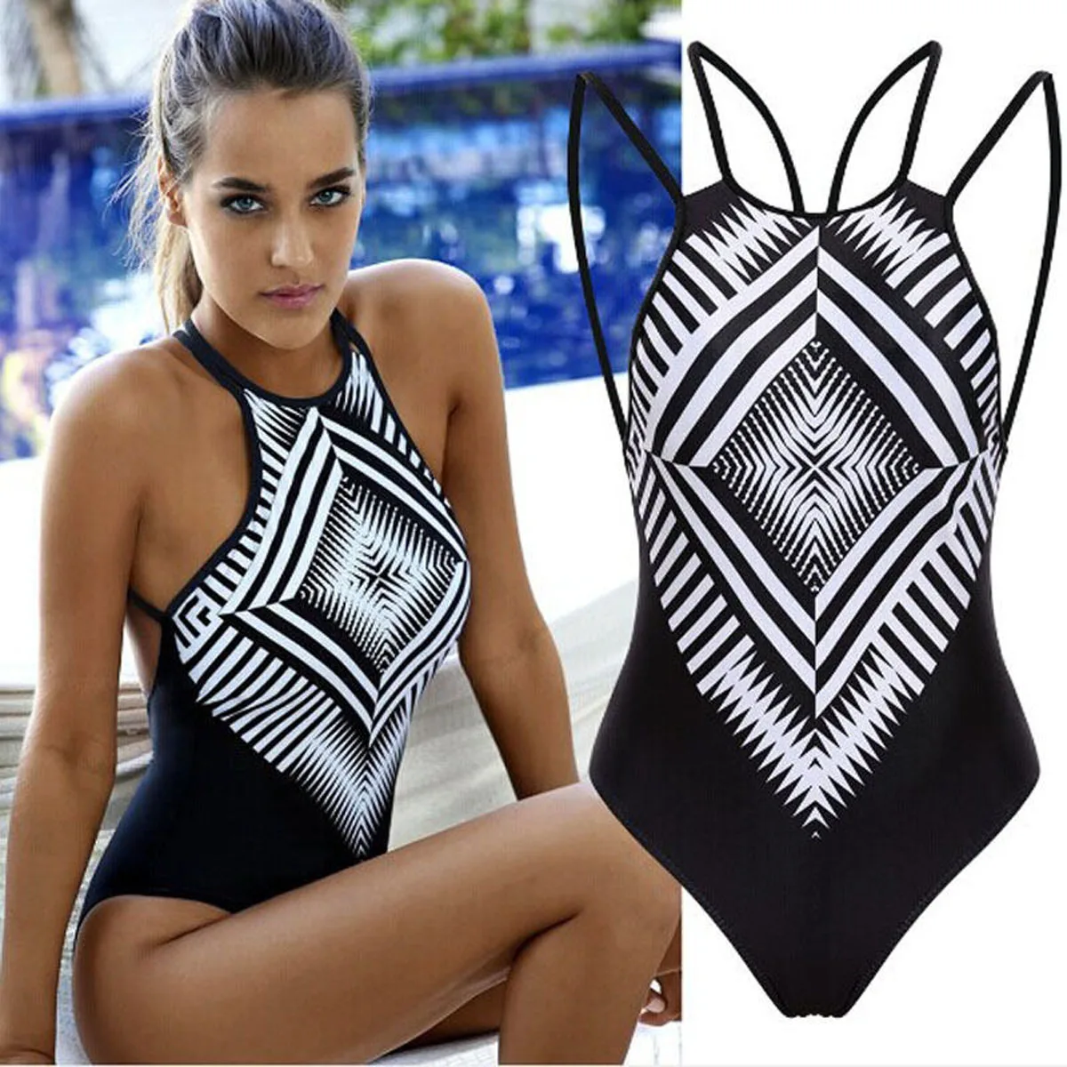 Summer Women Balck Print Swimsuit 2019 New Women Casual  One Piece Push Up Padded Bandage Black Swimsuit black bodysuit