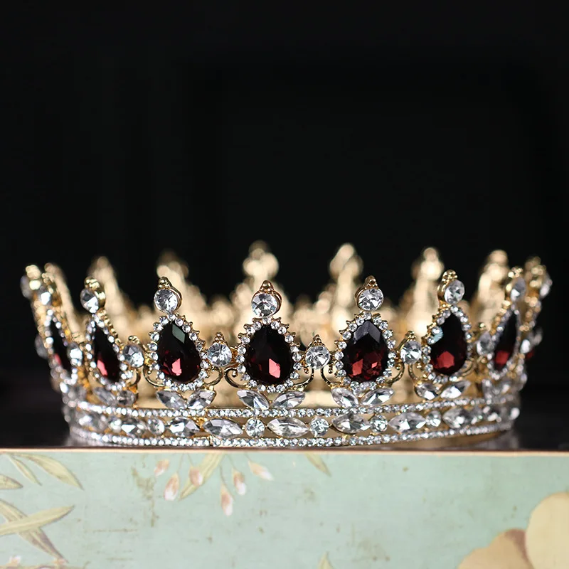 FORSEVEN Королевский король и королева тиара корона принцессы невесты свадебные украшения для волос синий красный золотой кристалл круглый diadema