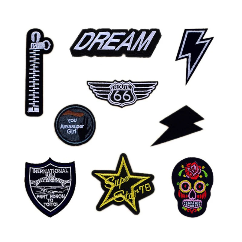 

Fashion Zipper Skull Super Girl Star Route 66 Patches Iron On Or Sew Fabric Sticker For Clothes Badge Embroidered Appliques DIY