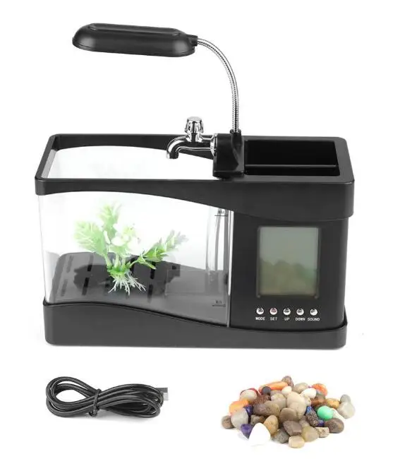 Аквариум USB мини аквариумные рыбки с светодиодный светильник жк-дисплей экран и часы аквариум - Цвет: black