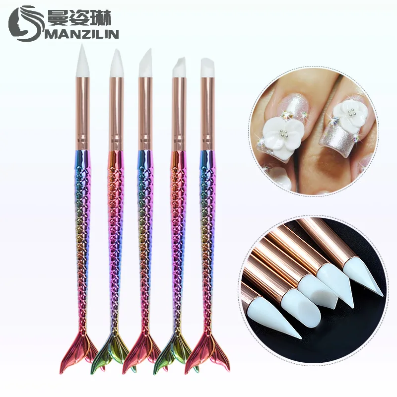 

5 Patterns Mermaid Handle Nail Art Brush Pen Silicone Head Carving Emboss 3d Shaping Sculpture DIY Manicure Nail Dotting Tools