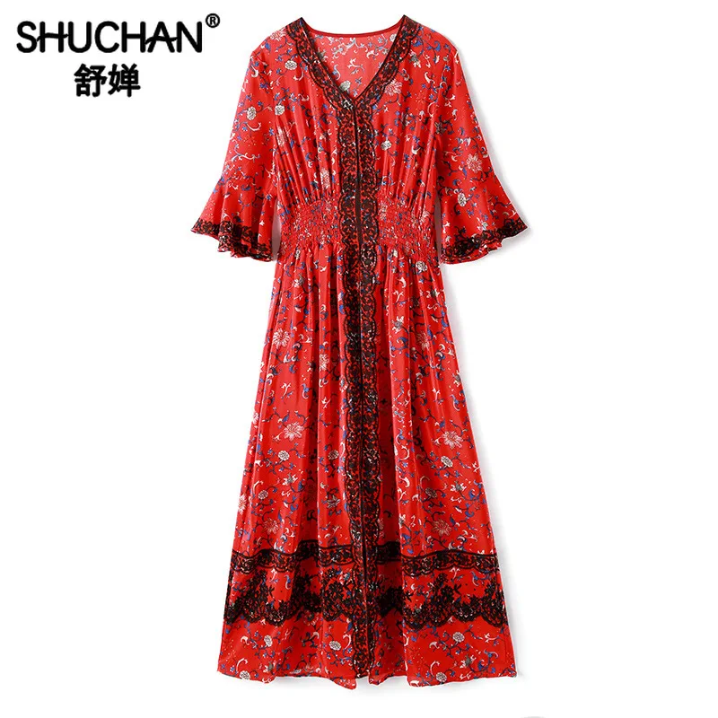 

Shuchan Natural Silk Designer Women Dresses 2018 High Quality Indie Folk A-Line Print Butterfly Sleeve V-Neck Dresses R11052