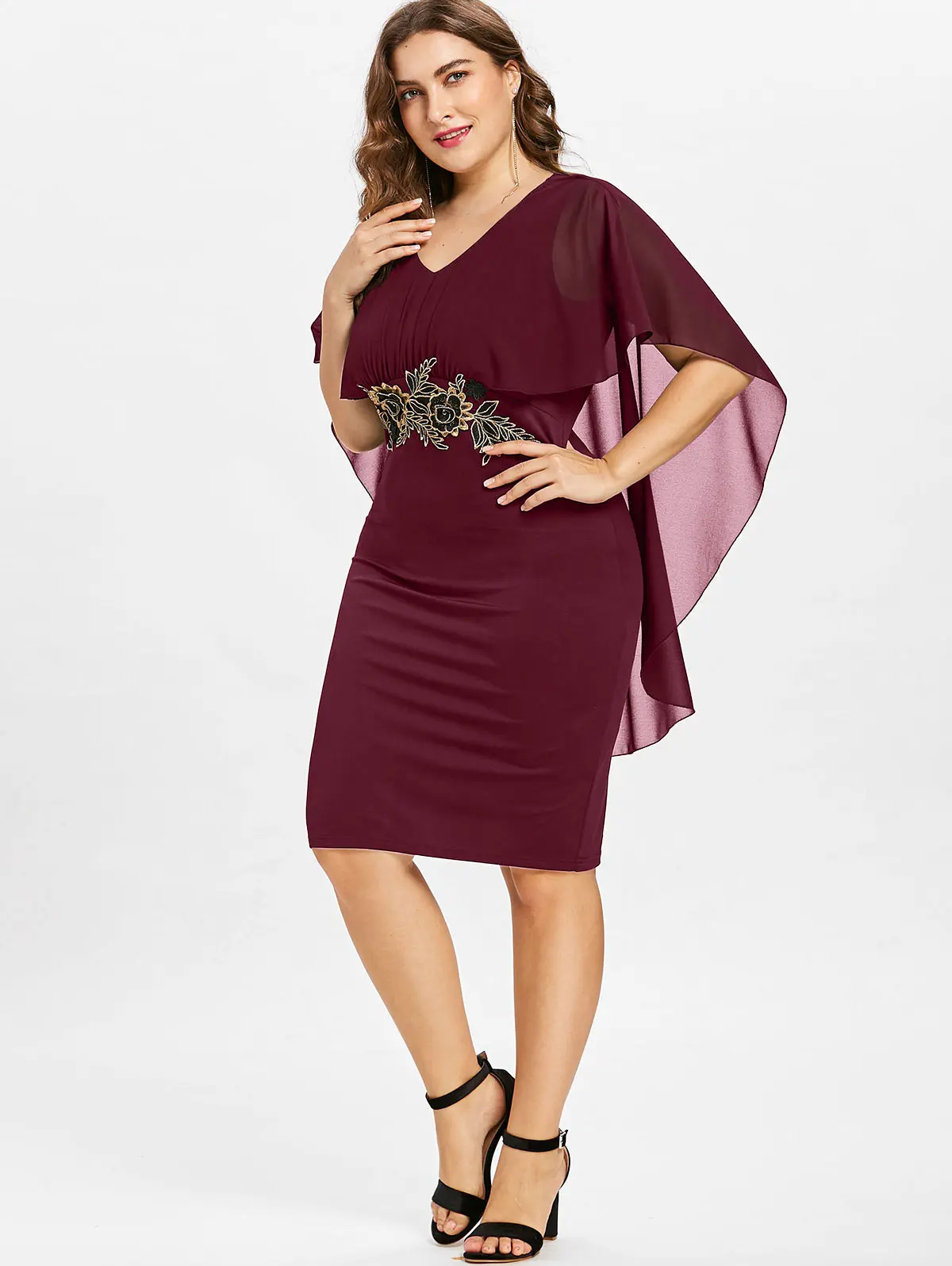 Платье капелет с вышивкой размера плюс 5XL, платье с v-образным вырезом и короткими рукавами, Цветочное платье по колено для женщин, Vestidos Robes Femme