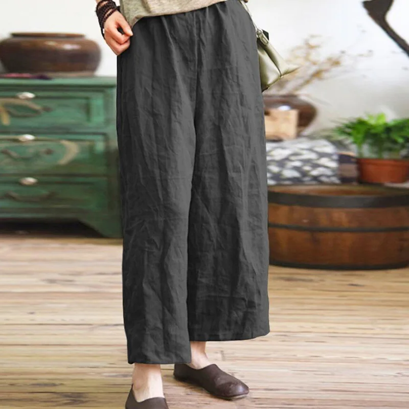 2018 New Women Summer Wide Leg Pants Loose Solid Long Pants Cotton Linen Casual Femme Pants Elastic Mid Waist Straight Trousers