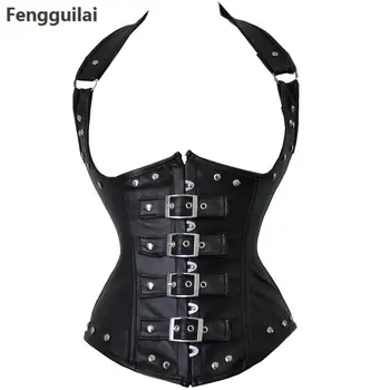 

Black Red Steampunk Halter Corset 6xl Steel Boned Waist Corset Faux Leather Underbust Corset Lady Sexy Cupless Corset