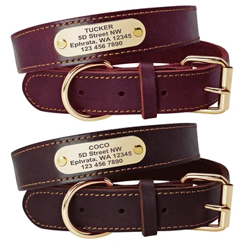Genuine Brown Leather Dog Collar - Luxurious Maroon Red with Custom Engraving