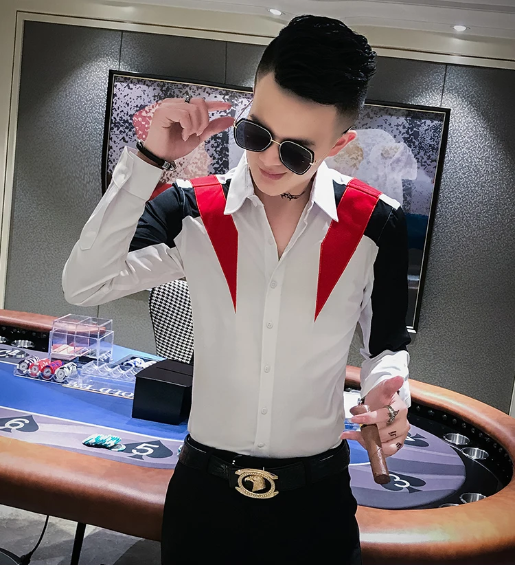 Fashion Men Shirt Hot Sale Patchwork Color Long Sleeve Mens Casual Shirts Slim Fit All Match Casual Shirts Men Club Tuxedo