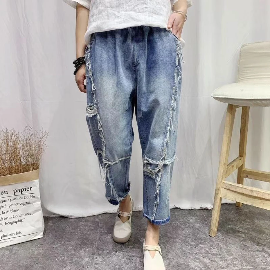Women Denim Pants Bottom Jeans Trousers Straight Big Loose Ripped Holes Casual Vintage Fashion for Spring Summer A70009