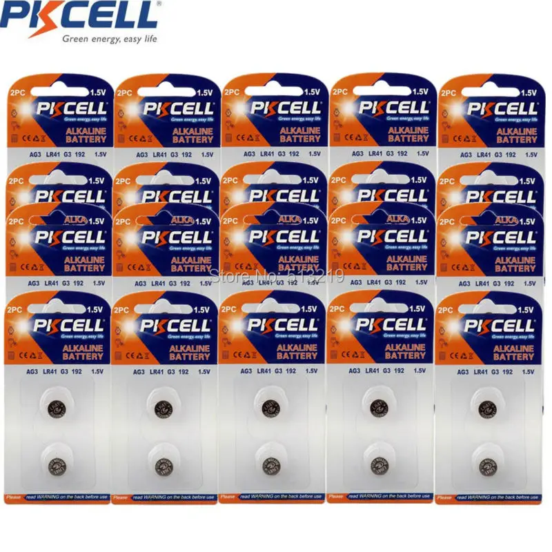 

40Pcs 20Cards G3 Batteries PKCELL 1.5V AG3 LR41 LR192 V3GA SR41 192 392 SR736 Alkaline Button Coin Watch Battery
