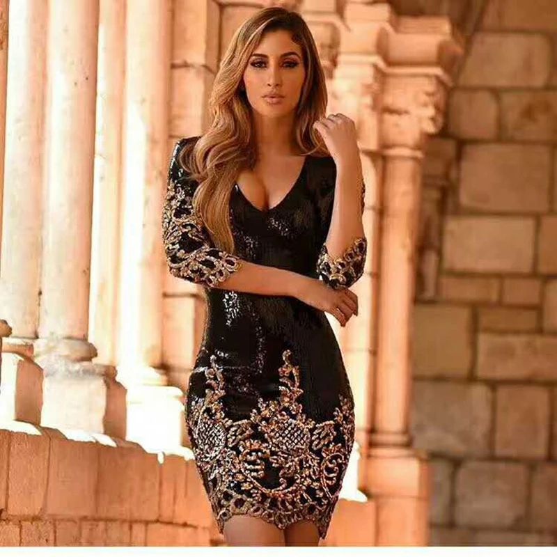 

new summer elegant sequins print dress black fashion 2017 half sleeve v neck celebrity sexy sequined party dresses vestidos club