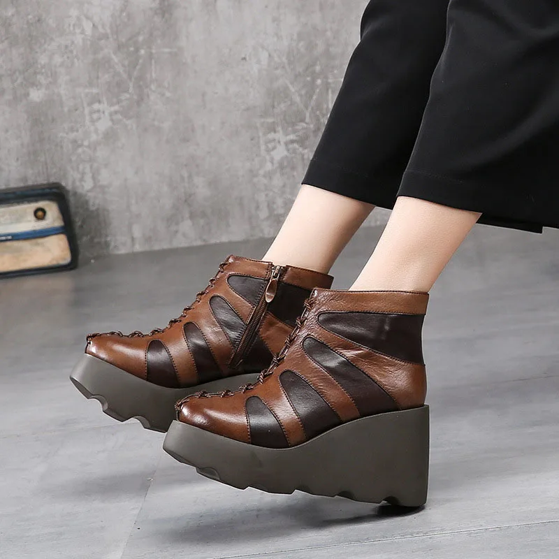 Stiefel Leder Zehen Stiefeletten Frauen 1 Flache Lace Runde Plattform Up 2 Sticken Echtes Schuhe Handgemachte qwXpxzU7U