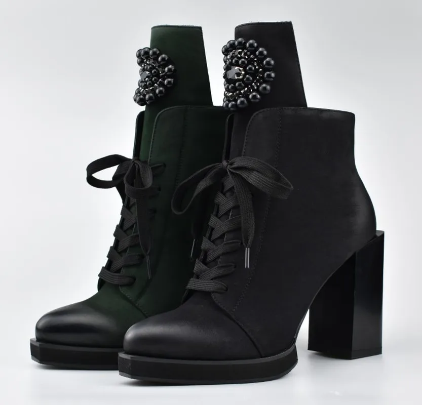 

Womens Pointed Toe Ankle Boots Black Beads Diamond Decor Lace Up Side Zipper Block High Heel Shoes Retro Motorcycle Punk A1195