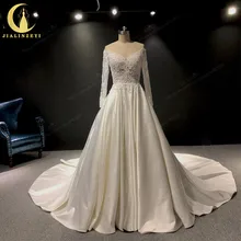 JIALINZEYI Настоящее фото длинное рукава v-образный вырез вечерные платья с кружевами и аппликациями свадебные платья свадебное платье