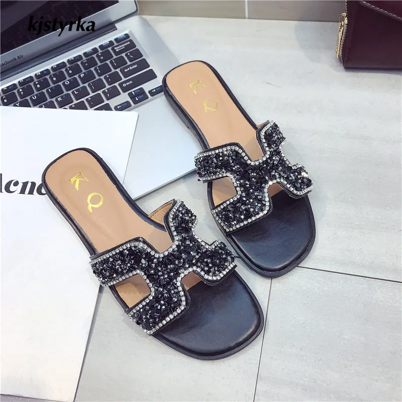

Kjstyrka 2018 brand designer women Slippers Casual fashion Flats women slides crystal bling flat Slippers zapatillas M