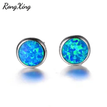 

RongXing Round Rainbow Birthstone Blue Fire Opal Stud Earrings For Women Silver Color Vintage Wedding Gift Ear0050