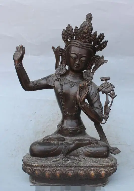 

S2539 17"Marked Chinese Tibet Buddhism Bronze Green Tara Godness Buddha Gaunyin Statue