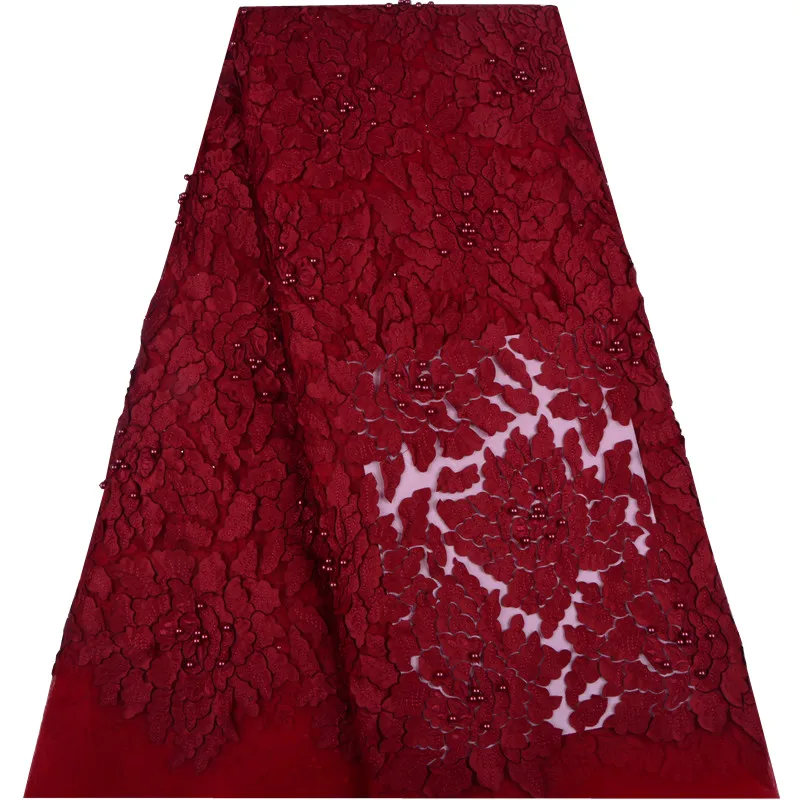 

Red Color Beaded Applique Lace Fabric High Quality Latest African Lace 2018 Handmade 3D Lace Fabric For Nigerian Wedding 1316