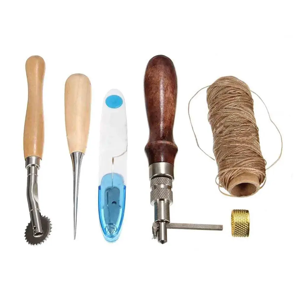 HOT GCZW 7Pcs Leather Craft Hand Stitching Sewing Tool Thread Awl Waxed Thimble Set Kit