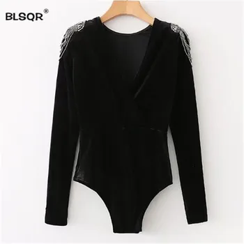

BLSQR Fashion Women Beading Velvet Bodysuit jumpsuit 2018 Casual Vintage Black Long Sleeve Blouse Sexy playsuit Tops