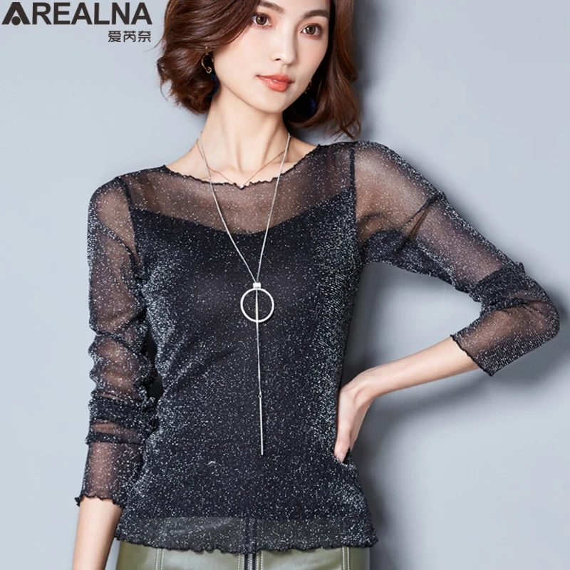 

blouses woman 2019 autumn sexy Sequin Mesh Blouse Women Shirts Long Sleeve Ladies Tops Black Pink Elegant Slim Blouse blusas
