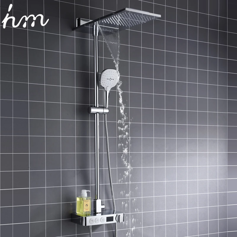

hm Digital Thermostatic Shower Set Button Mixing Valve with Display Bathroom Multifunction Waterfall & Rainfall Shower System