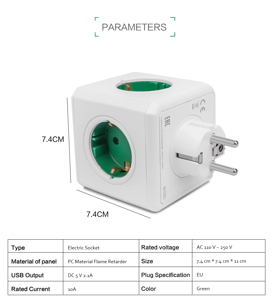 SHIERAK, умный дом, розетка с кубиком питания, штепсельная вилка европейского стандарта, 4 выхода, без USB, креативный Зеленый блок питания, адаптер, мульти переключаемые розетки