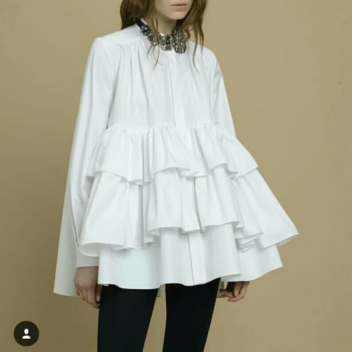 Cakucool новые весенние женские блузки многослойный воротник-стойка с оборками Blusas с длинным рукавом Свободные трапециевидной формы женские блузки, рубашки