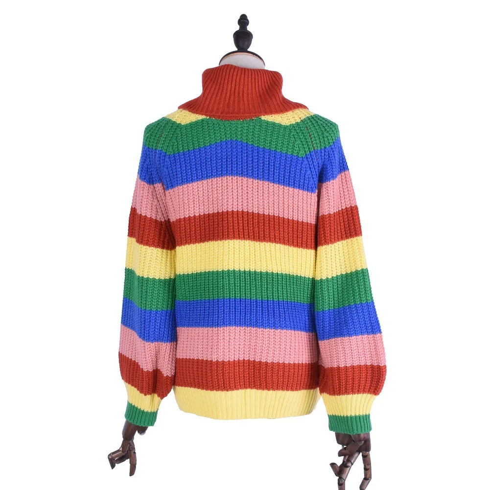 Casual Loose Autumn Winter Turtleneck Sweater Women Oversize Rainbow Striped Knitted Sweaters Warm Long Sleeve Pullover Sweater