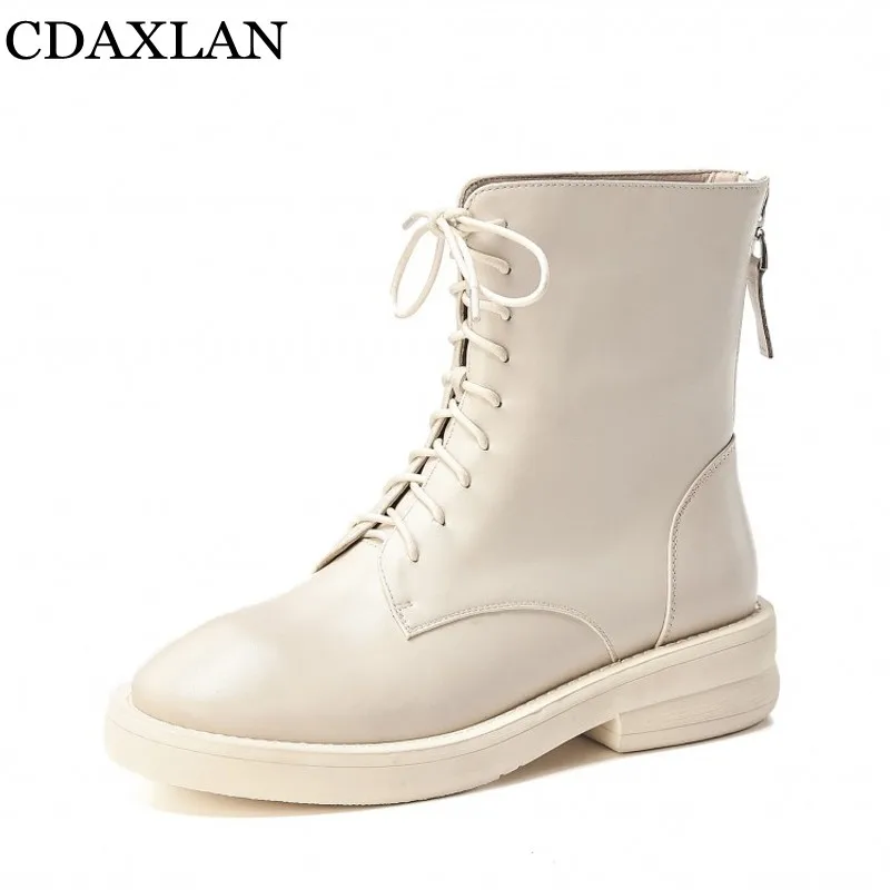 

CDAXILAN new to women's short boots genuine cow leather fabric flat sole round toe Mid-heels ankle cross-tied martin boot winter