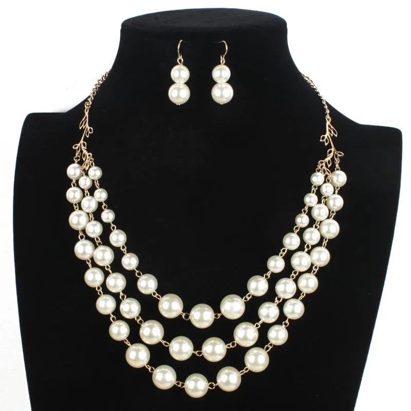 Multi layer Pearls Necklace Choker Earrings Fashion Imitation Pearl