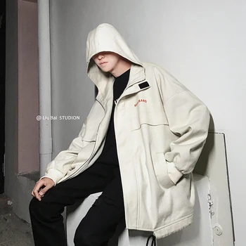 

Tooling Men's Korean Version Loose Casual Jacket Winter Warm Fashion New Solid Color Streetwear Clothes Spring Autumn With Cap
