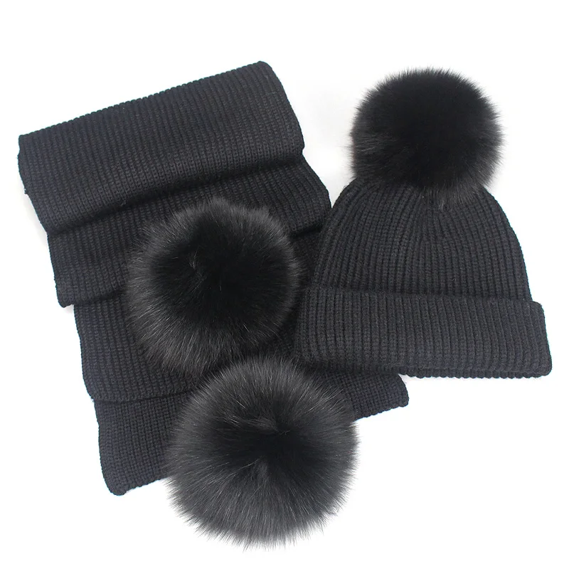 Winter Beanies Fox Pompom Fur Wool Knitted Hat The Female Of The Mink Caps Beanie Hats For Women Girl 'S Hats Scarves Cap Scarf - Цвет: Black