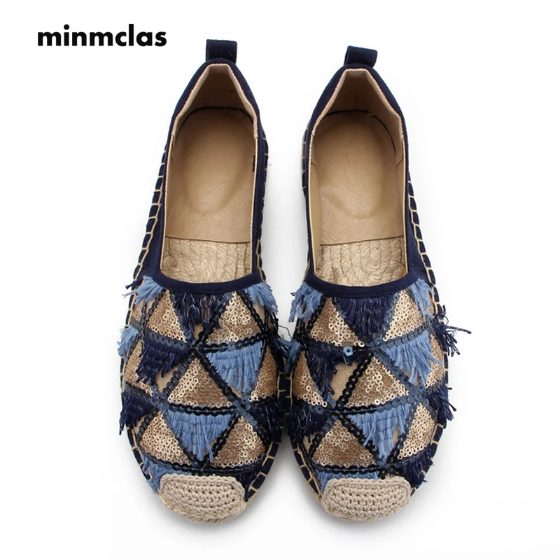 Minmlas Alpargatas ostentosas para mujer, informales sin cordones, transpirables, de lino, lona, borla, lentejuelas|Zapatos planos mujer| - AliExpress